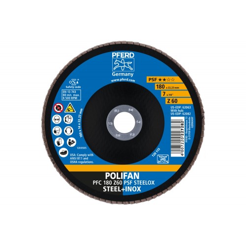 Disco de láminas lijadoras POLIFAN PFC 180x22,23 mm cónico Z60 línea universal PSF STEELOX acero/acero inoxidable