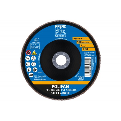 Disco de láminas lijadoras POLIFAN PFC 180x22,23 mm cónico Z80 línea universal PSF STEELOX acero/acero inoxidable