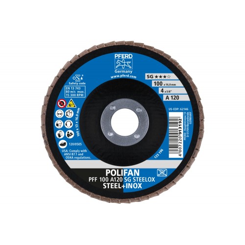Disco de láminas lijadoras POLIFAN PFF 100x16 mm plano A120 línea alto rendimiento SG STEELOX acero/acero inoxidable