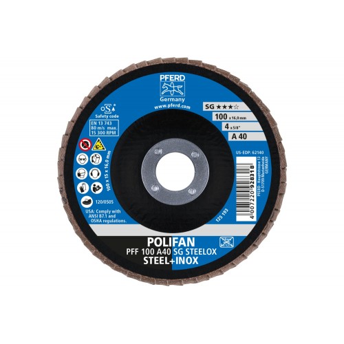 Disco de láminas lijadoras POLIFAN PFF 100x16 mm plano A40 línea alto rendimiento SG STEELOX acero/acero inoxidable