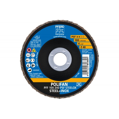 Disco de láminas lijadoras POLIFAN PFF 100x16 mm plano Z40 línea universal PSF STEELOX acero/acero inoxidable