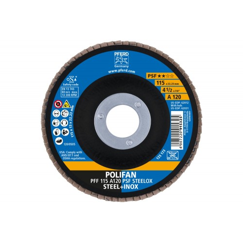 Disco de láminas lijadoras POLIFAN PFF 115x22,23 mm plano A120 línea universal PSF STEELOX acero/acero inoxidable