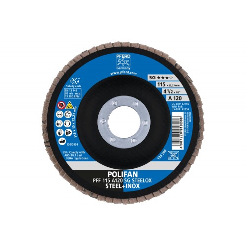 Disco de láminas lijadoras POLIFAN PFF 115x22,23 mm plano A120 línea alto rendimiento SG STEELOX acero/acero inoxidable