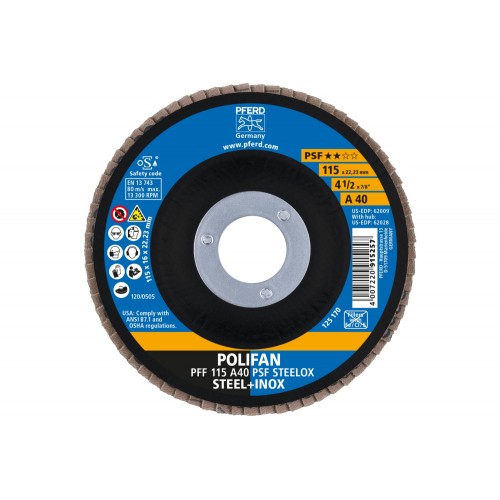 Disco de láminas lijadoras POLIFAN PFF 115x22,23 mm plano A40 línea universal PSF STEELOX acero/acero inoxidable