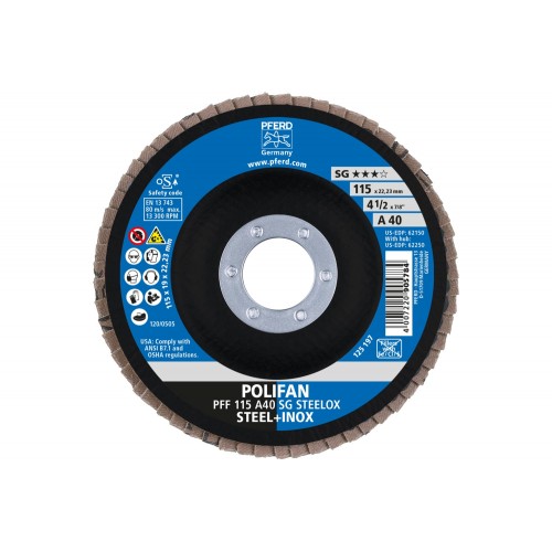 Disco de láminas lijadoras POLIFAN PFF 115x22,23 mm plano A40 línea alto rendimiento SG STEELOX acero/acero inoxidable