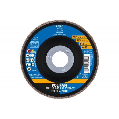 Disco de láminas lijadoras POLIFAN PFF 115x22,23 mm plano A60 línea universal PSF STEELOX acero/acero inoxidable