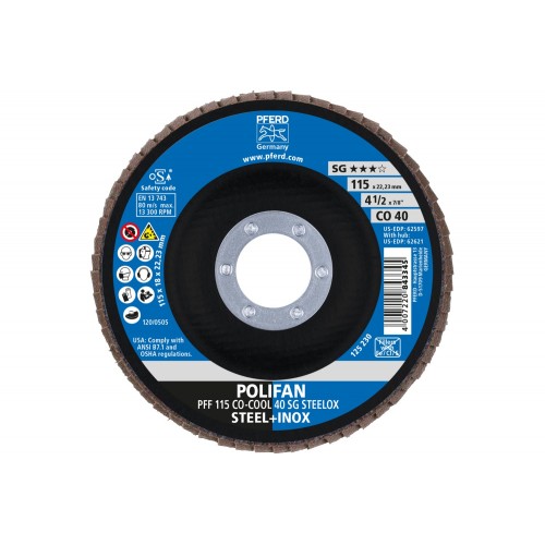 Disco de láminas lijadoras POLIFAN PFF 115x22,23 mm plano CO-COOL 40, línea de rendimiento SG STEELOX acero/acero inoxidable