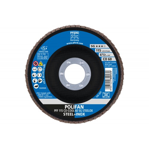 Disco de láminas lijadoras POLIFAN PFF 115x22,23 mm plano CO-COOL 60, línea de rendimiento SG STEELOX acero/acero inoxidable