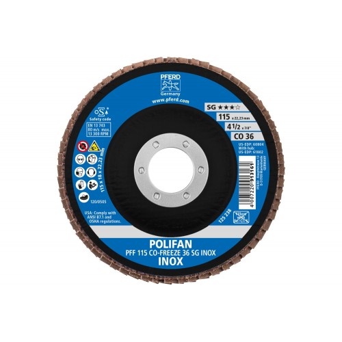 Disco de láminas lijadoras POLIFAN PFF 115x22,23 mm plano CO-FREEZE 36 línea de alto rendimiento SG INOX acero inoxidable