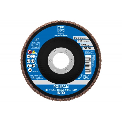 Disco de láminas lijadoras POLIFAN PFF 115x22,23 mm plano CO-FREEZE 50 línea de alto rendimiento SG INOX acero inoxidable