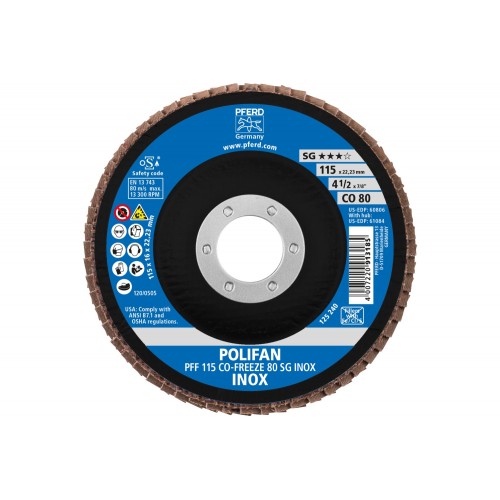 Disco de láminas lijadoras POLIFAN PFF 115x22,23 mm plano CO-FREEZE 80 línea de alto rendimiento SG INOX acero inoxidable