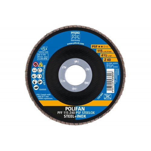 Disco de láminas lijadoras POLIFAN PFF 115x22,23 mm plano Z40 línea universal PSF STEELOX acero/acero inoxidable
