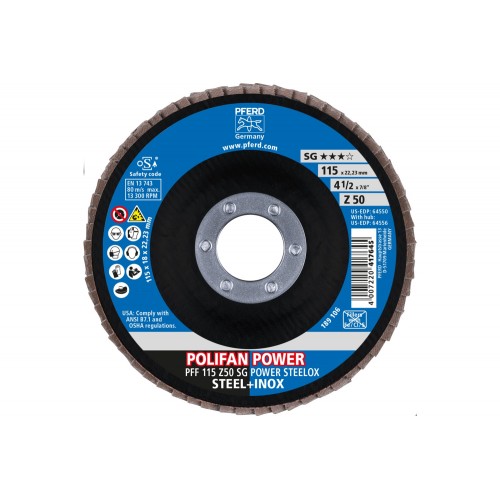 Disco de láminas lijadoras POLIFAN POWER PFF 115x22,23 mm plano Z50, línea rendimiento SG STEELOX para acero/acero inoxidable