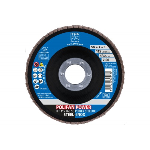 Disco de láminas lijadoras POLIFAN POWER PFF 115x22,23 mm plano Z60, línea de rendimiento SG POWER STEELOX acero/acero inoxidable