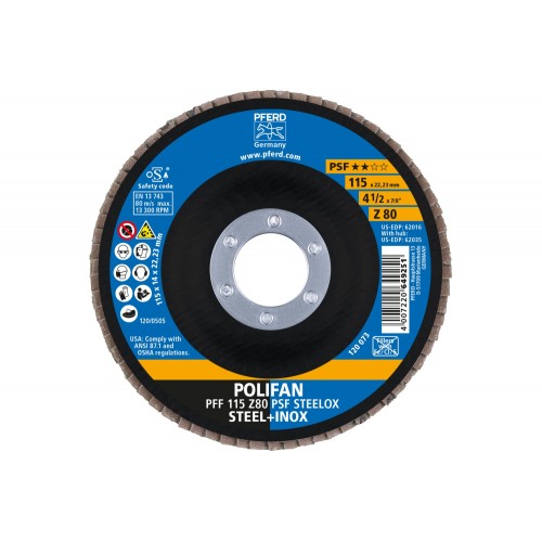 Disco de láminas lijadoras POLIFAN PFF 115x22,23 mm plano Z80 línea universal PSF STEELOX acero/acero inoxidable