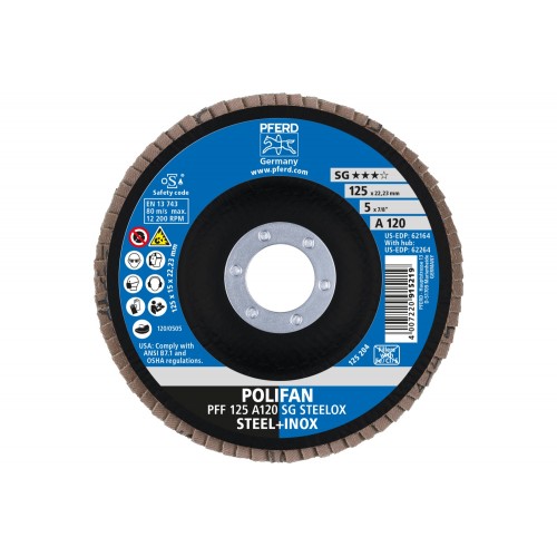 Disco de láminas lijadoras POLIFAN PFF 125x22,23 mm plano A120 línea universal PSF STEELOX acero/acero inoxidable