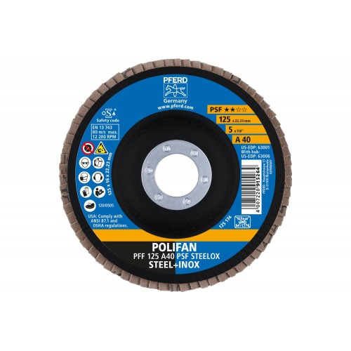 Disco de láminas lijadoras POLIFAN PFF 125x22,23 mm plano A40 línea universal PSF STEELOX acero/acero inoxidable