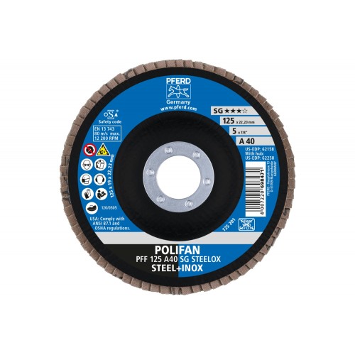 Disco de láminas lijadoras POLIFAN PFF 125x22,23 mm plano A40 línea alto rendimiento SG STEELOX acero/acero inoxidable