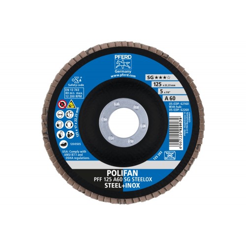 Disco de láminas lijadoras POLIFAN PFF 125x22,23 mm plano A60 línea alto rendimiento SG STEELOX acero/acero inoxidable