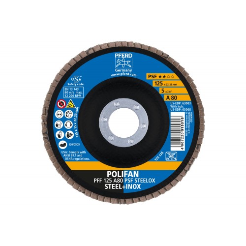 Disco de láminas lijadoras POLIFAN PFF 125x22,23 mm plano A80 línea universal PSF STEELOX acero/acero inoxidable