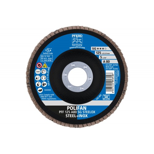 Disco de láminas lijadoras POLIFAN PFF 125x22,23 mm plano A80 línea alto rendimiento SG STEELOX acero/acero inoxidable