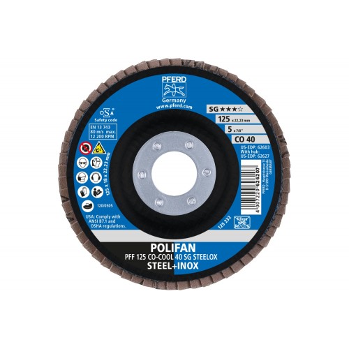 Disco de láminas lijadoras POLIFAN PFF 125x22,23 mm plano CO-COOL 40 SG STEELOX acero/acero inoxidable