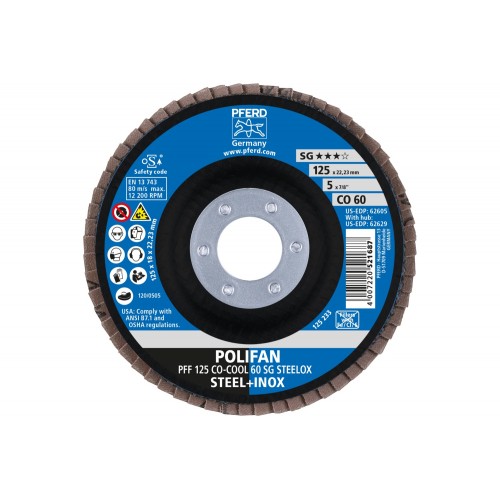 Disco de láminas lijadoras POLIFAN PFF 125x22,23 mm plano CO-COOL 60 SG STEELOX acero/acero inoxidable