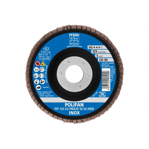 Disco de láminas lijadoras POLIFAN PFF 125x22,23 mm plano CO-FREEZE 50 línea de alto rendimiento SG INOX acero inoxidable