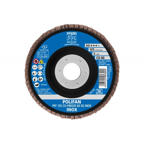 Disco de láminas lijadoras POLIFAN PFF 125x22,23 mm plano CO-FREEZE 80 línea de alto rendimiento SG INOX acero inoxidable
