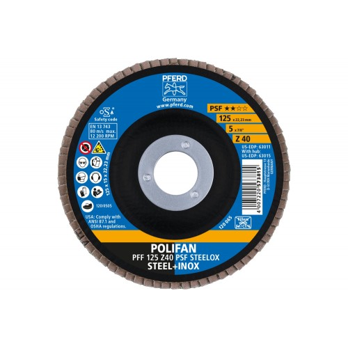 Disco de láminas lijadoras POLIFAN PFF 125x22,23 mm plano Z40 línea universal PSF STEELOX acero/acero inoxidable