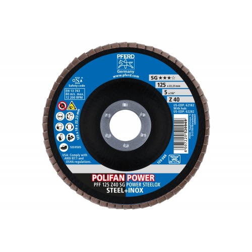 Disco de láminas lijadoras POLIFAN POWER PFF 125x22,23 mm plano Z40, línea de rendimiento SG POWER STEELOX acero/acero inoxidable