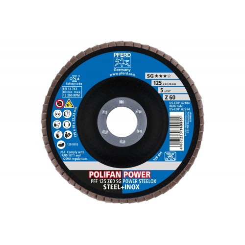Disco de láminas lijadoras POLIFAN POWER PFF 125x22,23 mm plano Z60, línea de rendimiento SG POWER STEELOX acero/acero inoxidable