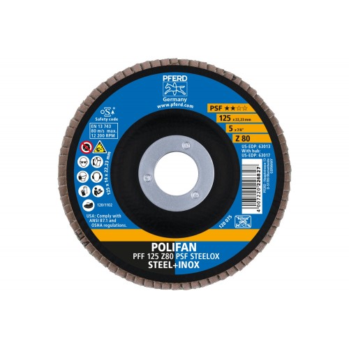 Disco de láminas lijadoras POLIFAN PFF 125x22,23 mm plano Z80 línea universal PSF STEELOX acero/acero inoxidable