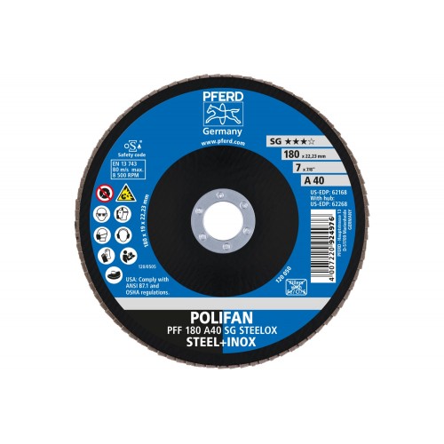 Disco de láminas lijadoras POLIFAN PFF 180x22,23 mm plano A40 línea alto rendimiento SG STEELOX acero/acero inoxidable