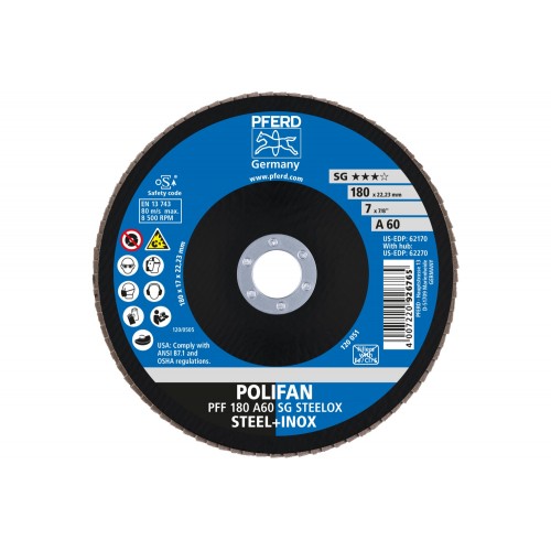 Disco de láminas lijadoras POLIFAN PFF 180x22,23 mm plano A60 línea alto rendimiento SG STEELOX acero/acero inoxidable