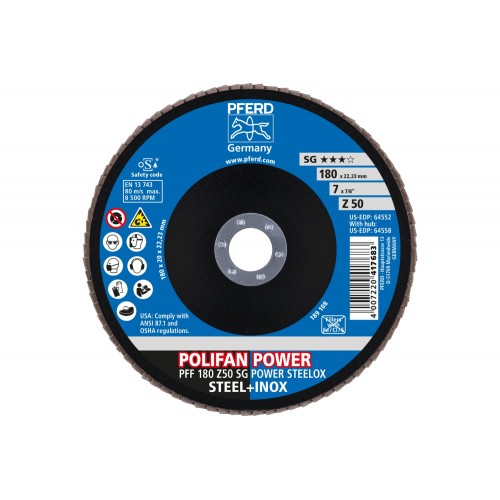 Disco de láminas lijadoras POLIFAN POWER PFF 180x22,23 mm plano Z50, línea rendimiento SG STEELOX para acero/acero inoxidable