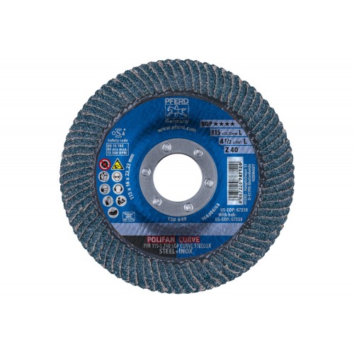 Disco de láminas lijadoras POLIFAN CURVE PFR 115x22,23 mm ancho L Z40 SGP STEELOX para acero/acero inoxidable