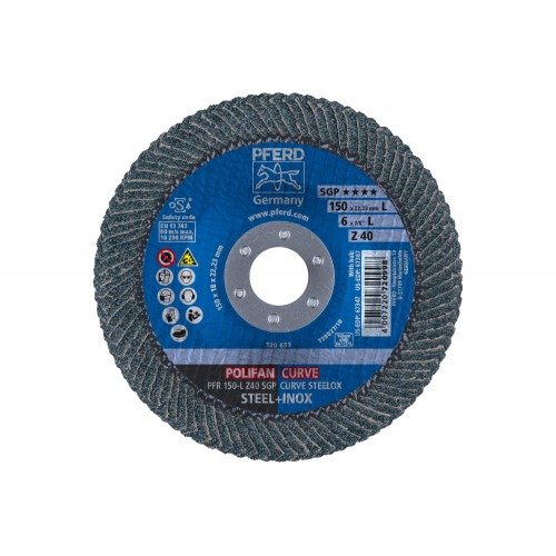 Disco de láminas lijadoras POLIFAN CURVE PFR 150x22,23 mm ancho L Z40 SGP STEELOX para acero/acero inoxidable