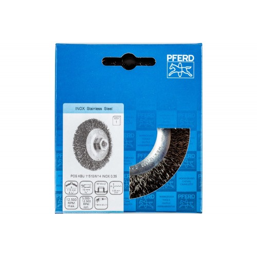 Carda cónica sin trenzar KBU Ø 115x10 mm M14, alambre de acero inoxidable Ø 0,35 mm, amoladora angular