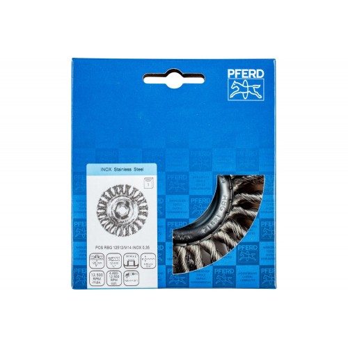 Carda redonda, trenzada RBG Ø 125x12 mm M14 alambre de acero inoxidable Ø 0,35 mm amoladora angular