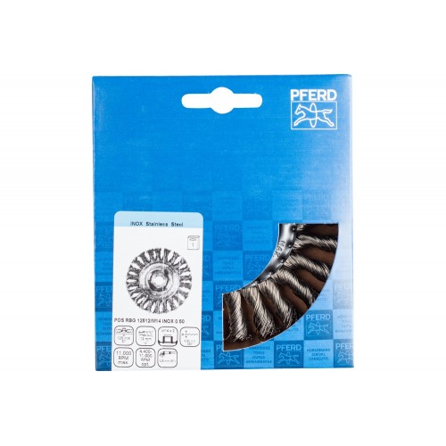 Carda redonda, trenzada RBG Ø 125x12 mm M14 alambre de acero inoxidable Ø 0,50 mm amoladora angular