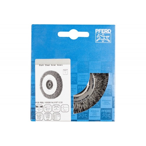 Carda redonda POS ancha, sin trenzar RBU Ø 100x28x agujero variable alambre de acero Ø 0,30 amoladora