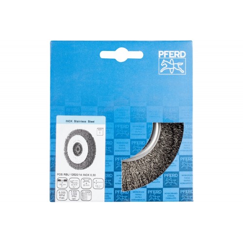 Carda redonda ancha, sin trenzar RBU Ø 125x20x agujero variable alambre de acero inoxidable Ø 0,30 amoladora
