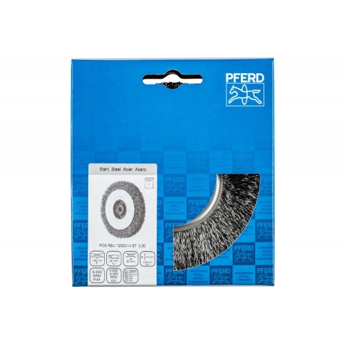 Carda redonda ancha, sin trenzar RBU Ø 125x20x agujero variable alambre de acero Ø 0,30 amoladora