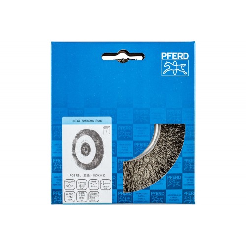 Carda redonda ancha, sin trenzar RBU Ø 125x28x agujero variable alambre de acero inoxidable Ø 0,30 amoladora