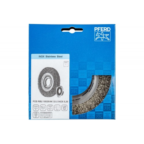 Carda redonda POS ancha, sin trenzar RBU Ø 150x25x agujero variable alambre de acero inoxidable Ø 0,30 amoladora