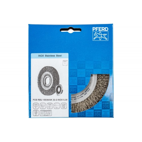 Carda redonda POS ancha, sin trenzar RBU Ø 150x38x agujero variable alambre de acero inoxidable Ø 0,30 amoladora
