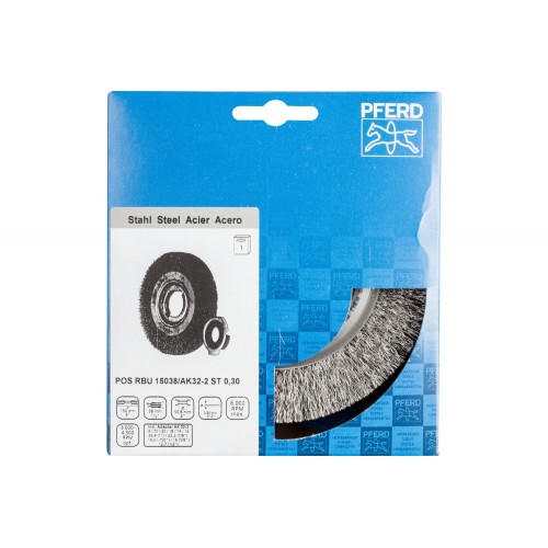 Carda redonda POS ancha, sin trenzar RBU Ø 150x38x agujero variable alambre de acero Ø 0,30 amoladora