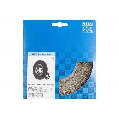 Carda redonda POS ancha, sin trenzar RBU Ø 180x25x agujero variable alambre de acero inoxidable Ø 0,30 amoladora