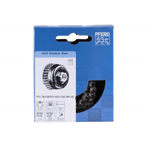 Carda vaso POS trenzada de 2 hileras TBG Ø 65 mm M14, alambre de acero inoxidable Ø 0,50 mm, amoladora angular